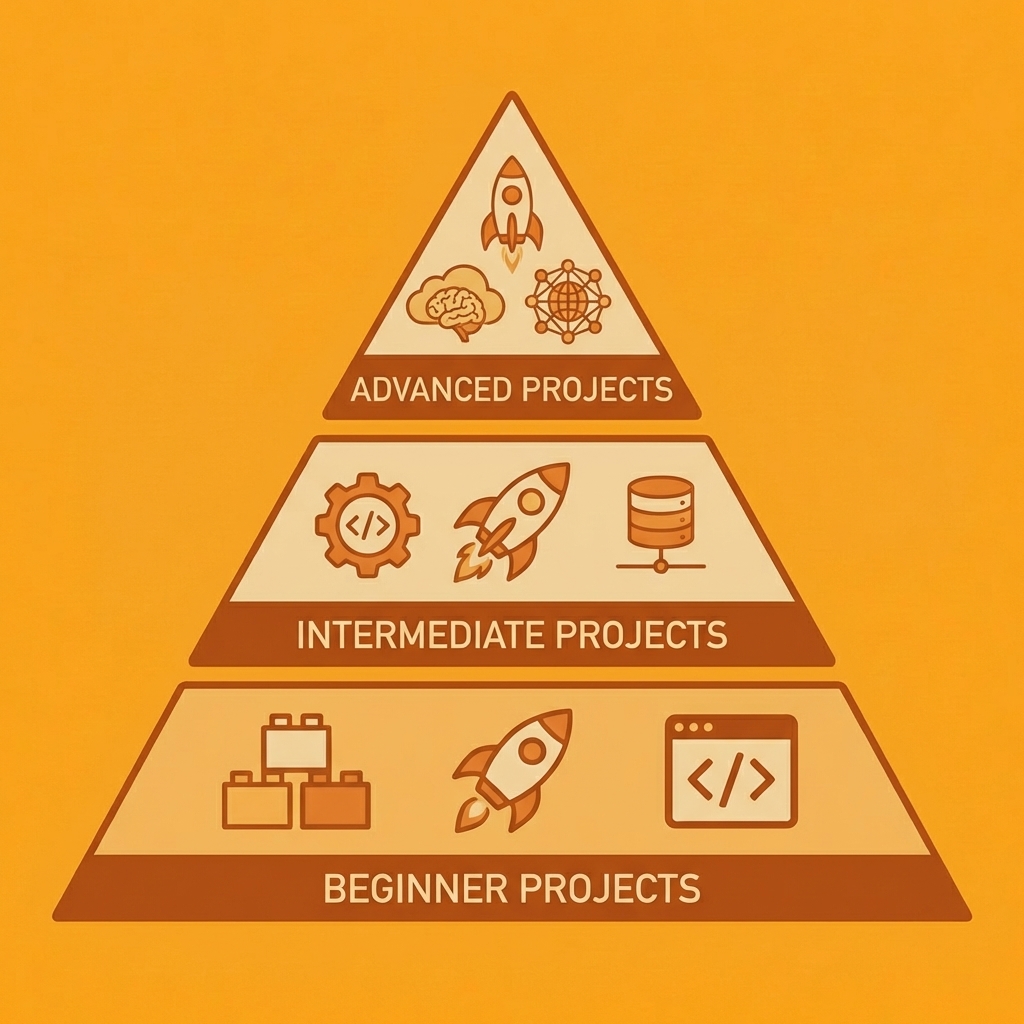 Pyramid showing three levels: beginner projects at the base, intermediate in the middle, and advanced at the top